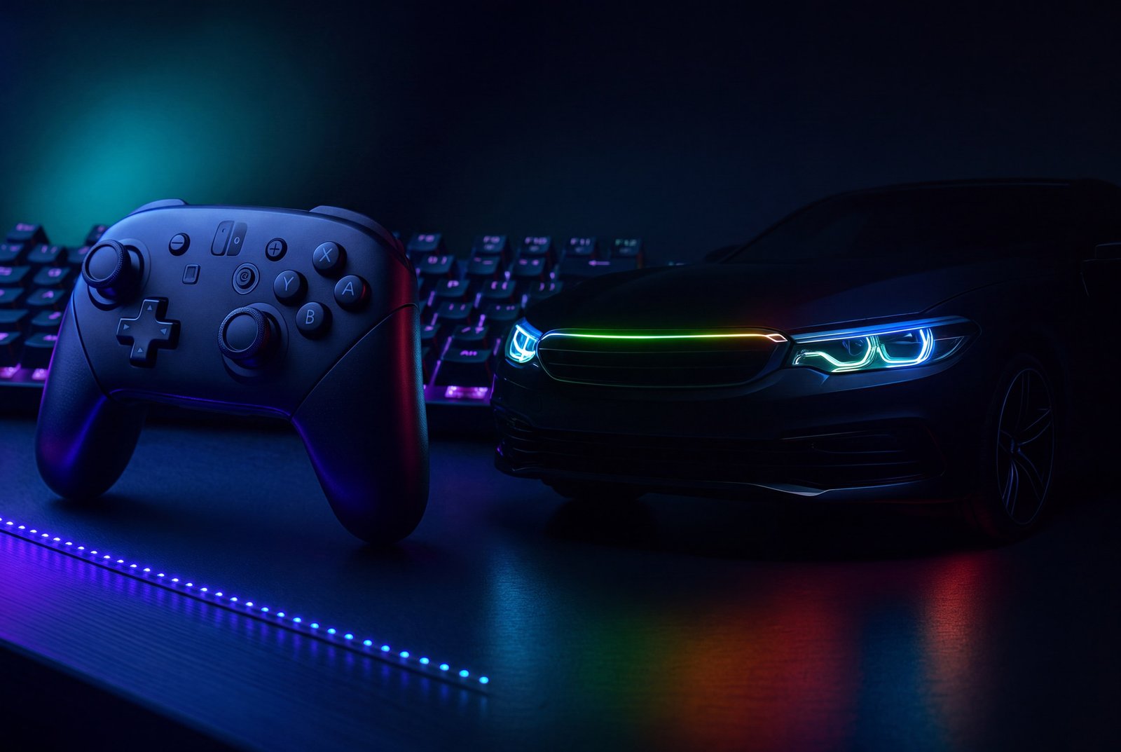 Control gaming y faros de auto con luces LED RGB conectados por una tira de luz